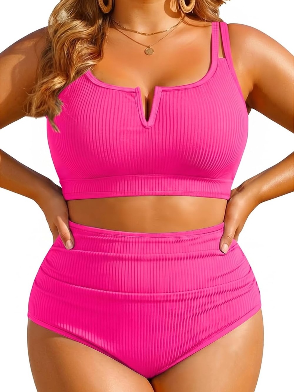 Plus Size High Waisted Bikini Ribbed Two Piece Tummy Control 16W. 2944/bb13-1:v